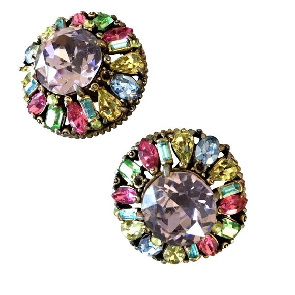 HOLLYCRAFT 1955 Vintage Rainbow Rhinestone Clip Earrings Pastel Statement - Picture 5 of 9
